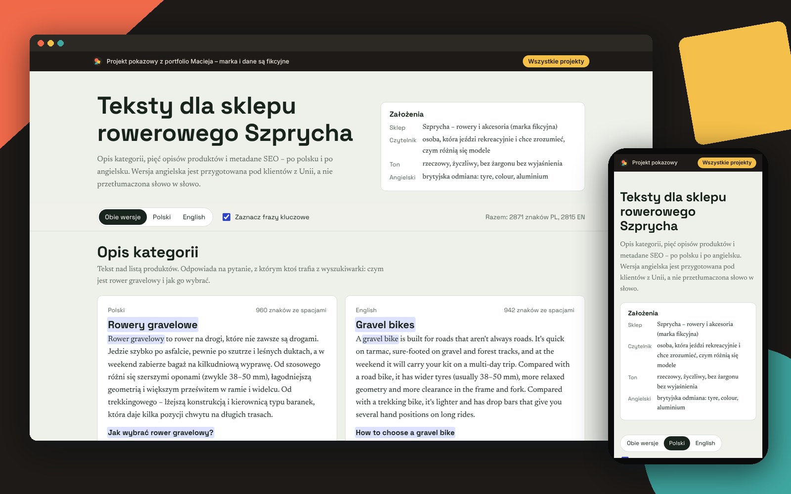 Teksty sklepu rowerowego po polsku i angielsku obok siebie
